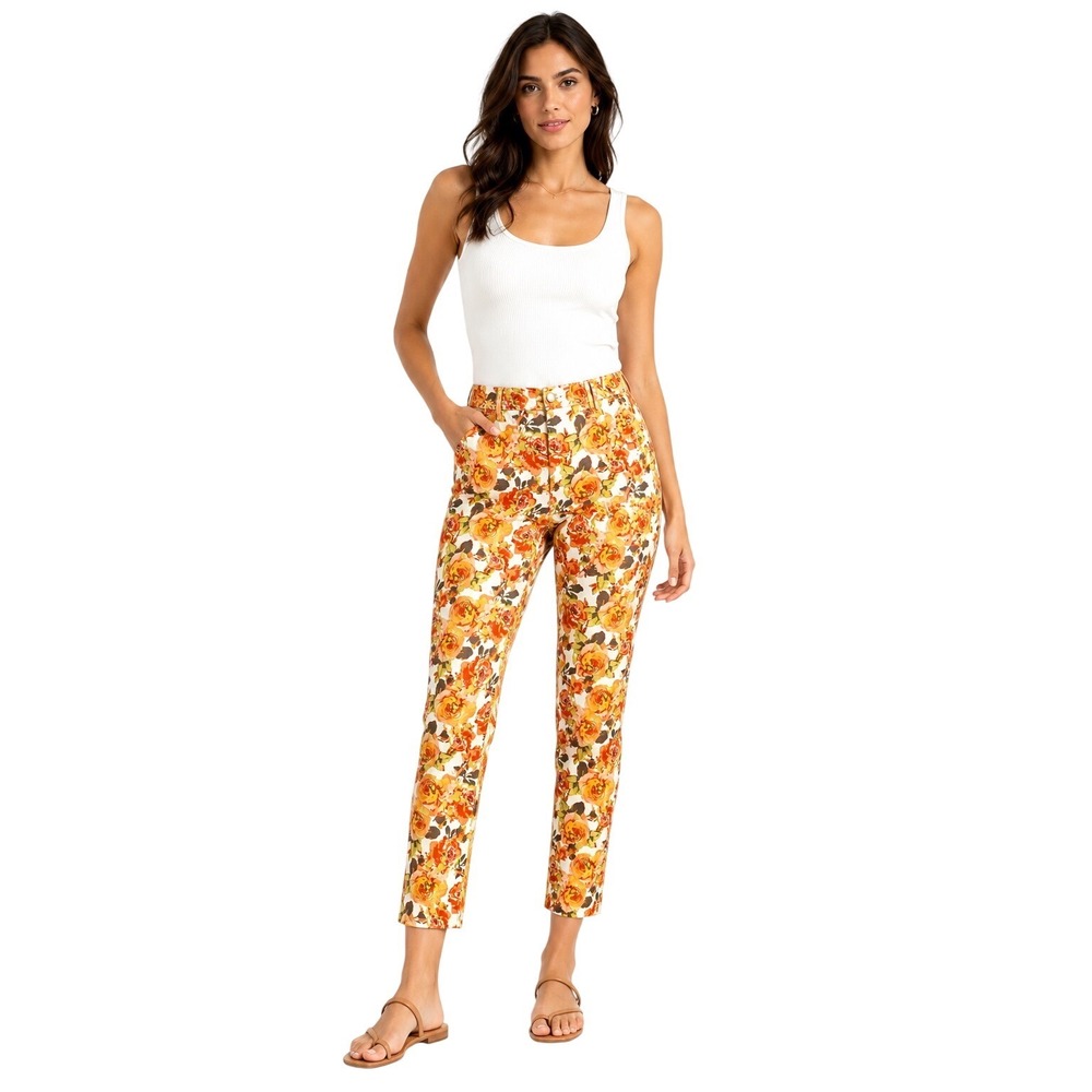 Madison Floral Rose Print Cropped Pants Women Size 10 Orange Yellow Summer Boho